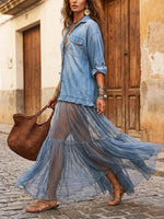 Abito lungo casual da donna in denim con rever retrò, organza e patchwork artistico