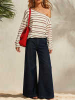 Top da donna a righe con spalle scoperte, maniche lunghe larghe in cotone e lino