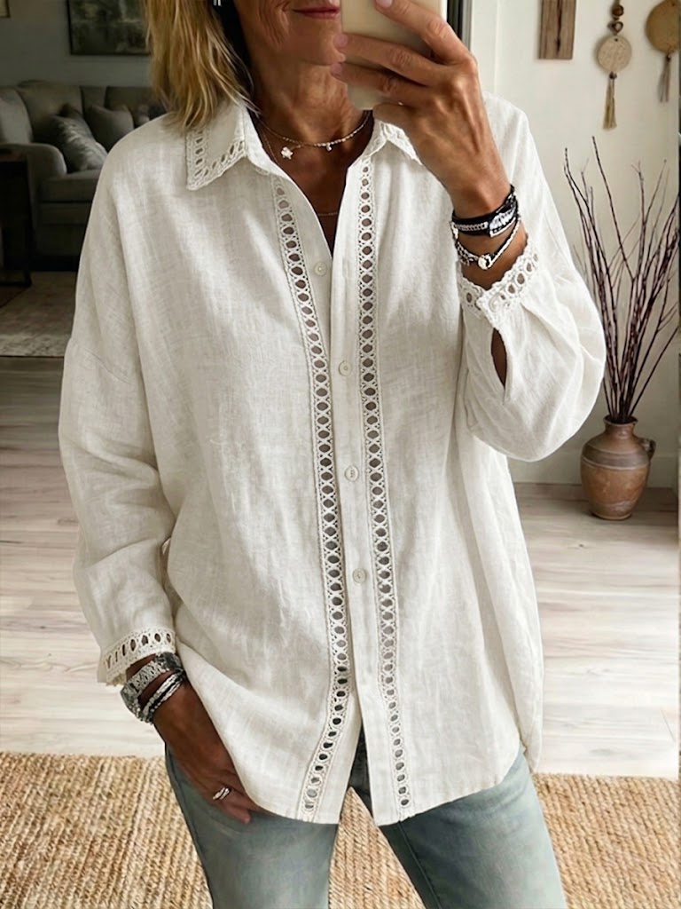 Camicia casual a maniche lunghe in lino e cotone con inserto in nastro traforato
