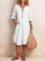 Vestido casual suelto de algodón y lino para mujer, de color sólido, con escote en V y manga 3/4