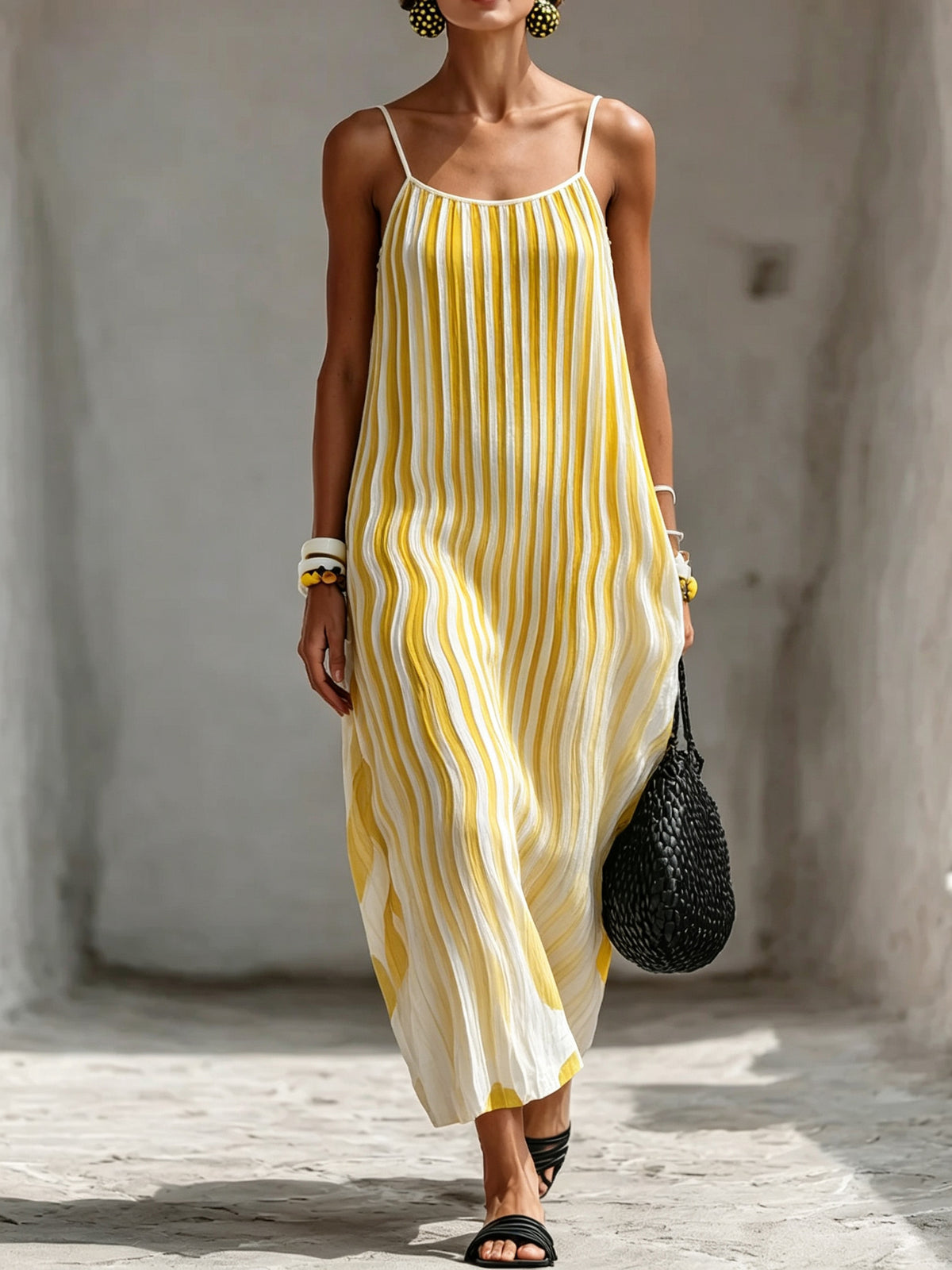 Vestido Maxi Plissado de Alças Finas para Mulher