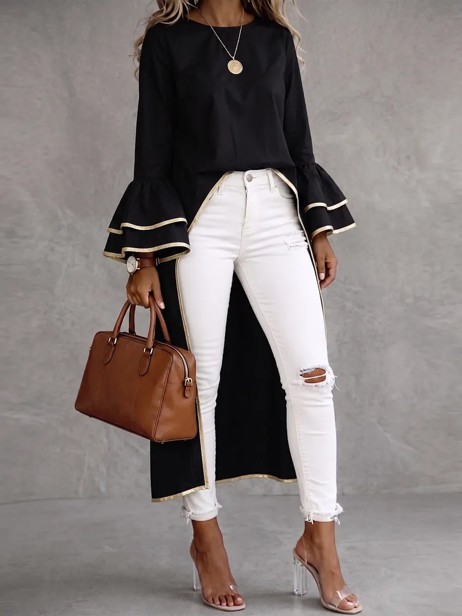 Elegant Gold-Trimmed High-Slit Maxi Blouse