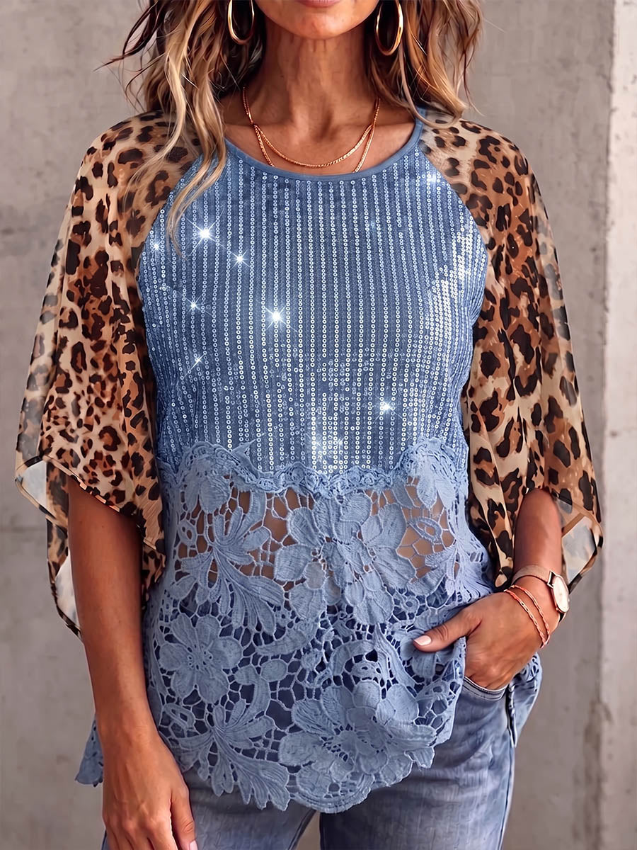 Vintage Elegantes Glitzer-Pailletten-Patchwork mit Cut-Out-Spitzenbluse