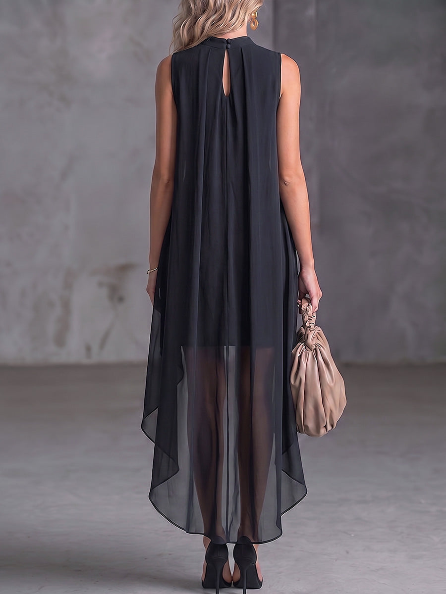 Ärmelloses, locker sitzendes Chiffonkleid für Damen mit Stehkragen