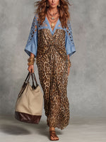 Vintage elegantes Denim-Kleid mit Cut-Outs, Spitzen-Patchwork und Chiffon
