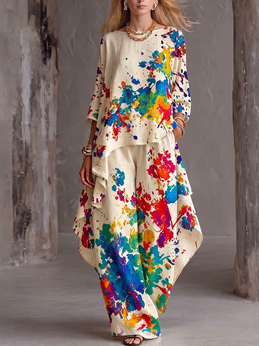 Completo casual da donna in cotone e lino: maglia con stampa astratta posizionata, collo rotondo e maniche 3/4 & pantaloni a gamba larga a vita alta