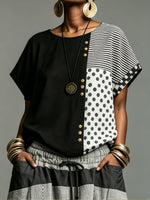 Blusa de manga corta dolman para mujer con bloque de color y detalle de botones en estampado mixto