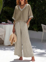 Completo casual due pezzi: top patchwork a righe in lino e cotone e pantaloni a righe