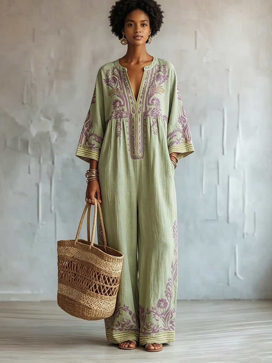 Boho-Chic Jumpsuit aus Baumwoll-Leinen in Salbeigrün