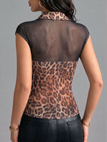 Top casual suelto sin mangas para mujer con estampado de leopardo, paneles de malla y cuello