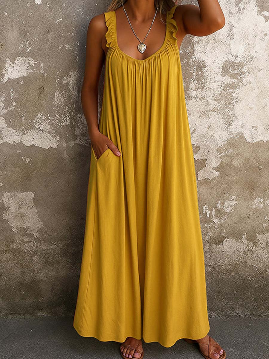 Vestito casual da donna senza maniche, collo quadrato, tinta unita, in cotone e lino, ampio