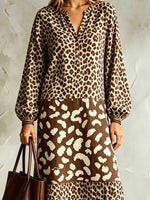 Damen Kleid mit Leopardenmuster, locker, künstlerisch, lässig und stilvoll, mit langen Ärmeln