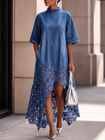 Robe élégante et stylée en denim léger avec ourlet en dentelle