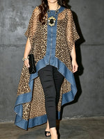 Damen Chiffon-Jeans-Kimono-Tunika mit Leopardenmuster, High-Low-Schnitt und Fledermausärmeln
