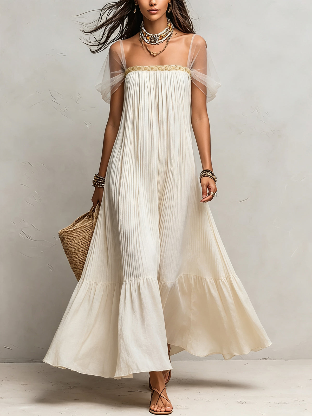 Maxikleid für Damen mit plissierten, transparenten Ärmeln und Rüschen