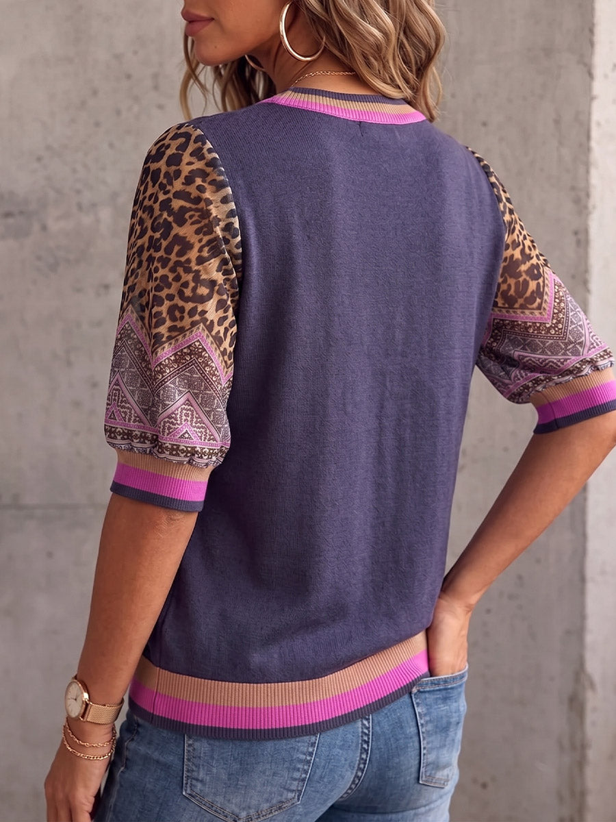 Vintage eleganter Patchwork-Pullover aus Leoparden-Cut-Out-Spitze und Chiffon