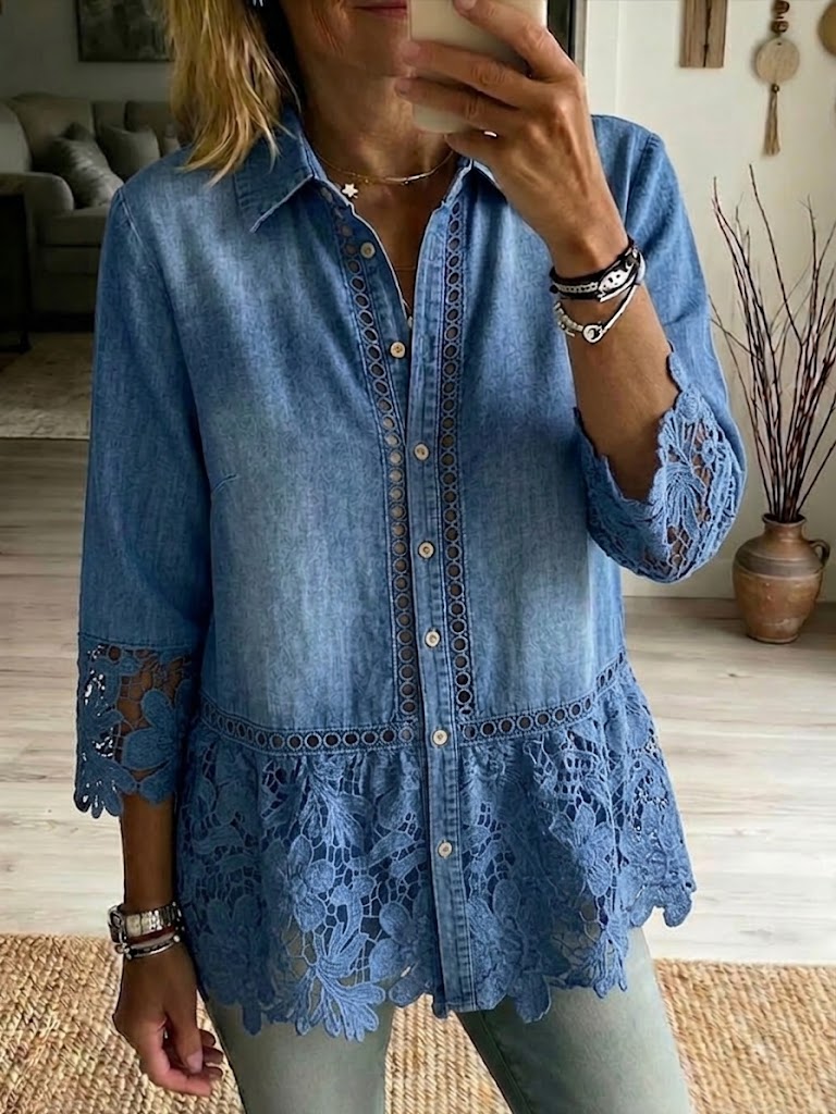 Lässiges Denim-Hemd mit Spitzen-Patchwork