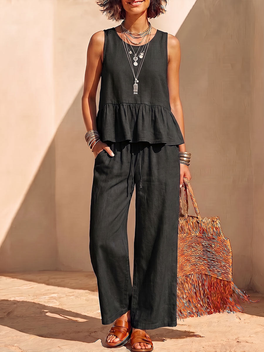 Conjunto para mujer de algodón y lino de color sólido: blusa sin mangas con cuello redondo y ajuste holgado, y pantalones de pierna ancha de talle alto.
