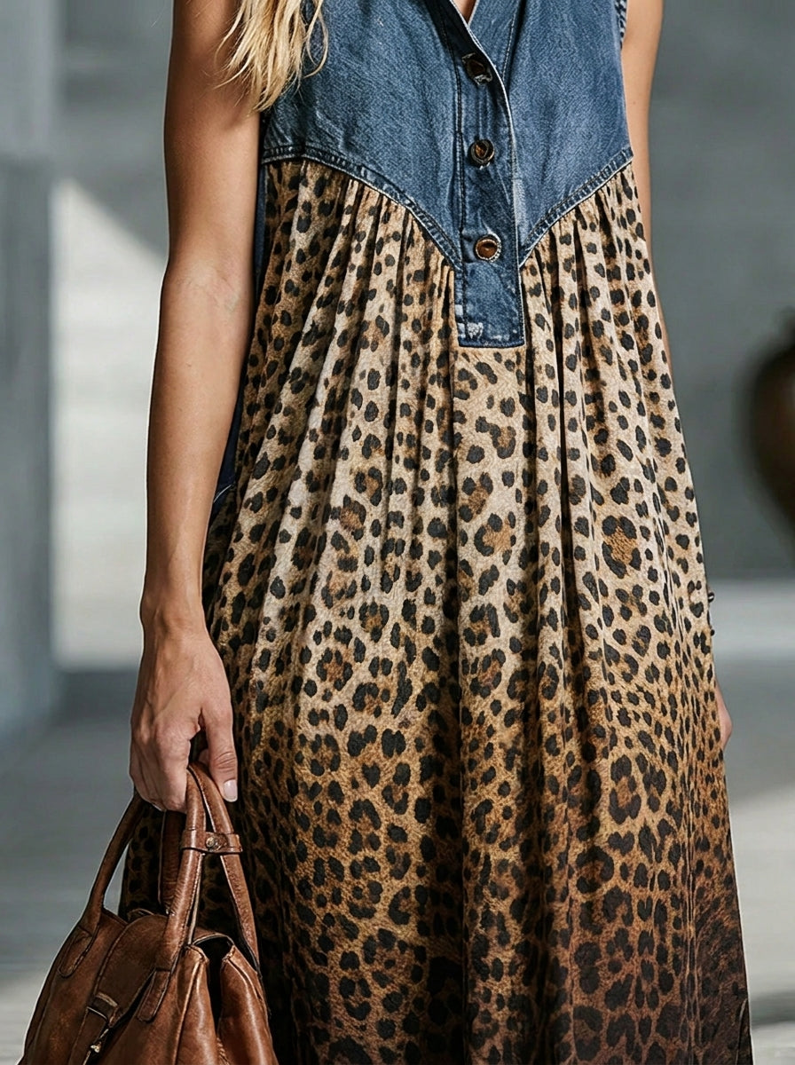 Abito lungo da donna in denim senza maniche con colletto, stampa leopardata a patchwork e tasche laterali