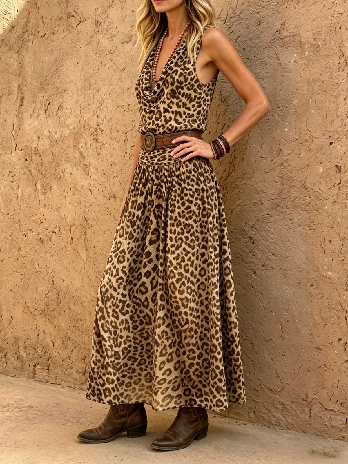 Robe maxi sans manches à col bénitier léopard pour femme