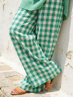 Conjunto de dos piezas para mujer: blusa texturizada de algodón y lino y pantalones anchos de cuadros vichy