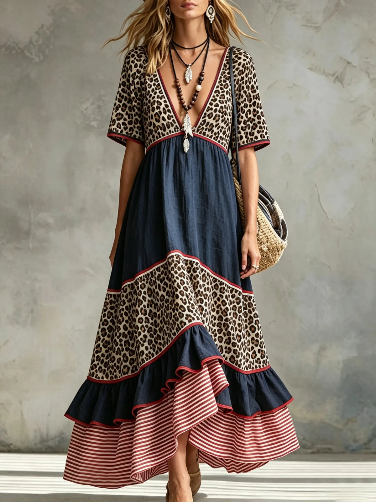 Vestido maxi de mujer con escote en V, diseño de rayas de leopardo y capas combinadas