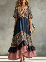 Vestido maxi de mujer con escote en V, diseño de rayas de leopardo y capas combinadas
