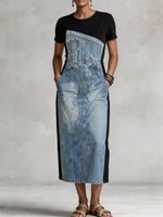 Asymmetrisches Damen-Midikleid aus Denim mit kurzen Ärmeln, Einsätzen und Taschen
