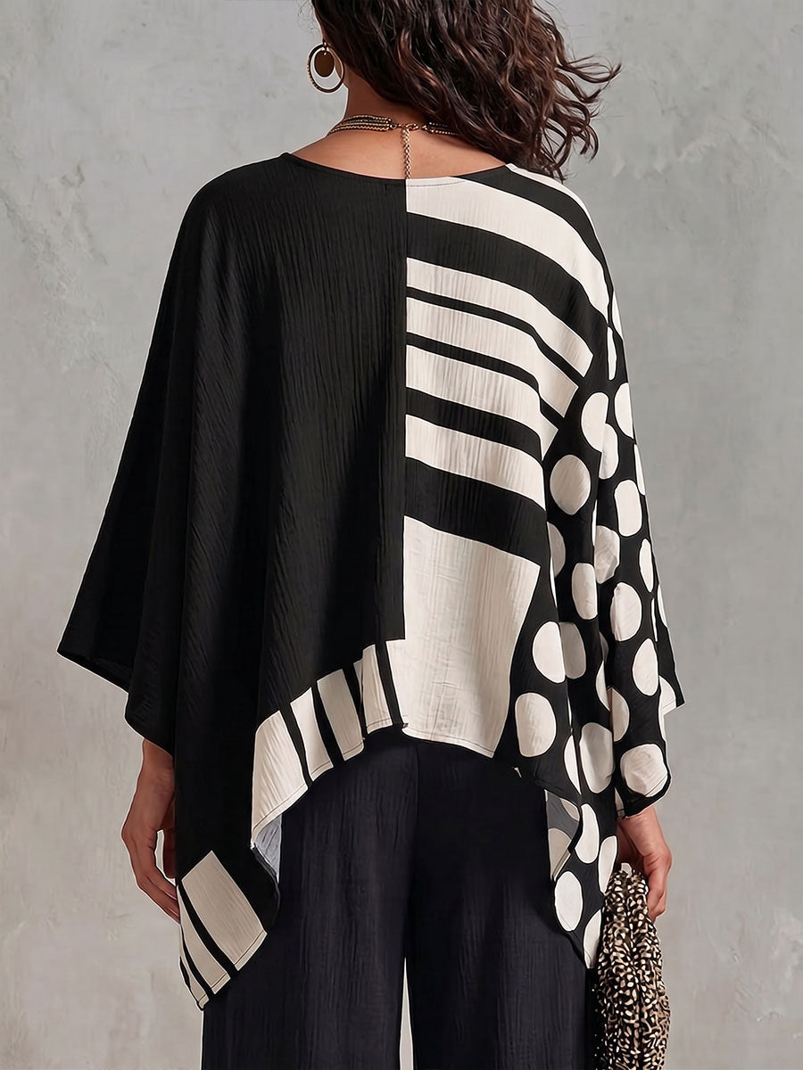 Top casual da donna in cotone e lino, scollo a V, maniche 3/4, stampa a pois e geometrica, vestibilità ampia