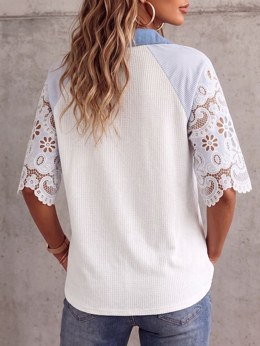 Camicia vintage elegante con maniche ritagliate, ricamata a patchwork di waffle