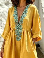 Damen Einfarbiges Mintgrünes Besticktes V-Ausschnitt Lockeres Kaftan Maxikleid