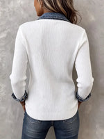 Chic Denim-Trimmed Asymmetrical Ribbed Knit Top