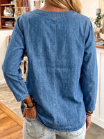Schickes Denim- und Leopardenmuster-Colorblock-V-Ausschnitt-Oberteil