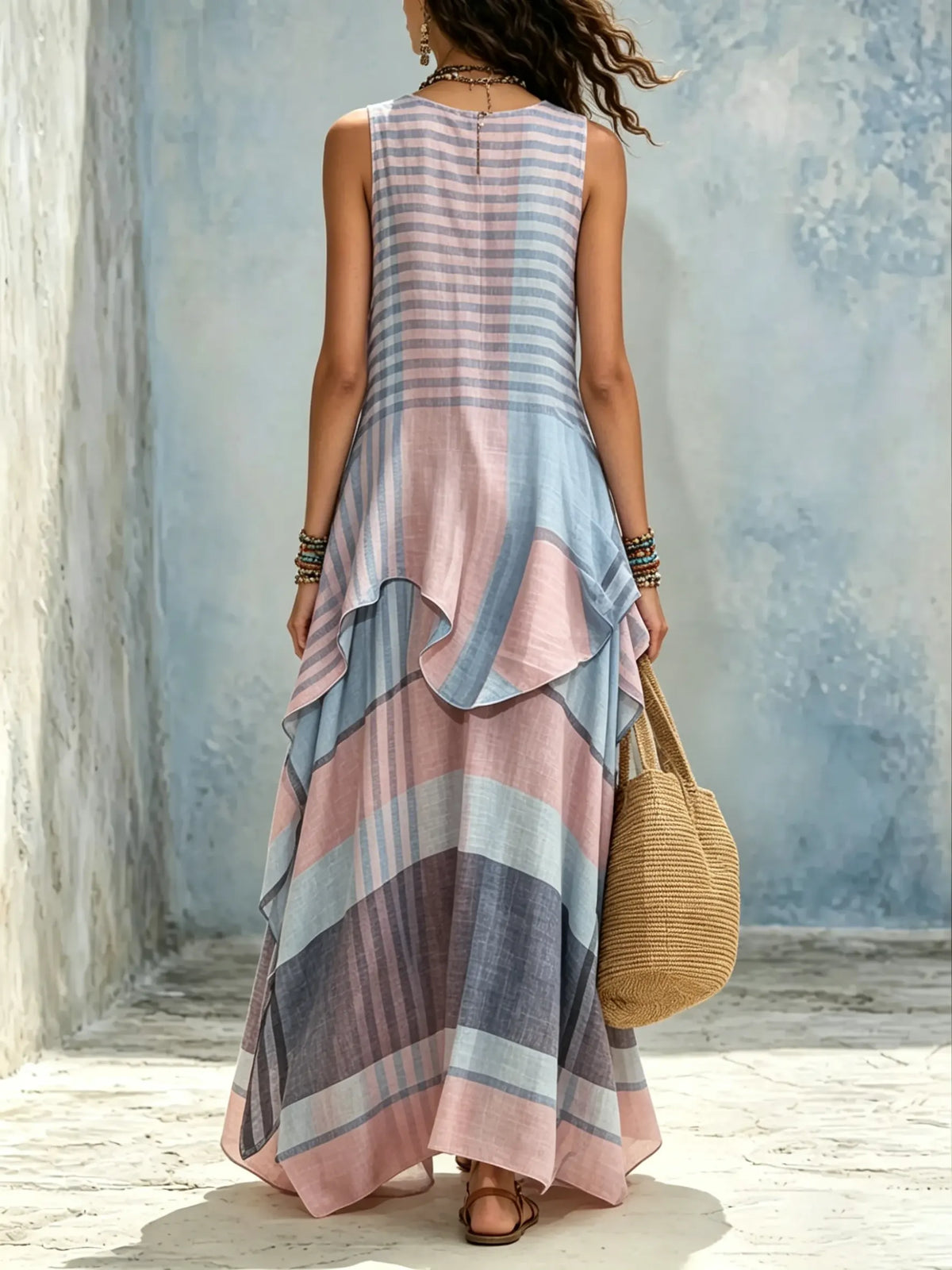 Robe maxi de vacances pour femme, sans manches, à rayures horizontales contrastées rose et bleu, fluide et asymétrique.