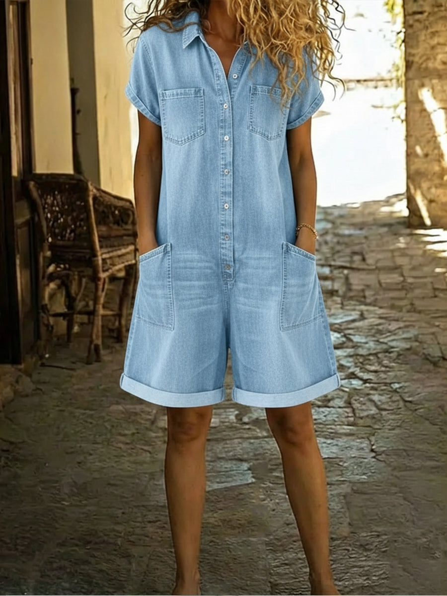 Tuta corta casual da donna in denim di cotone