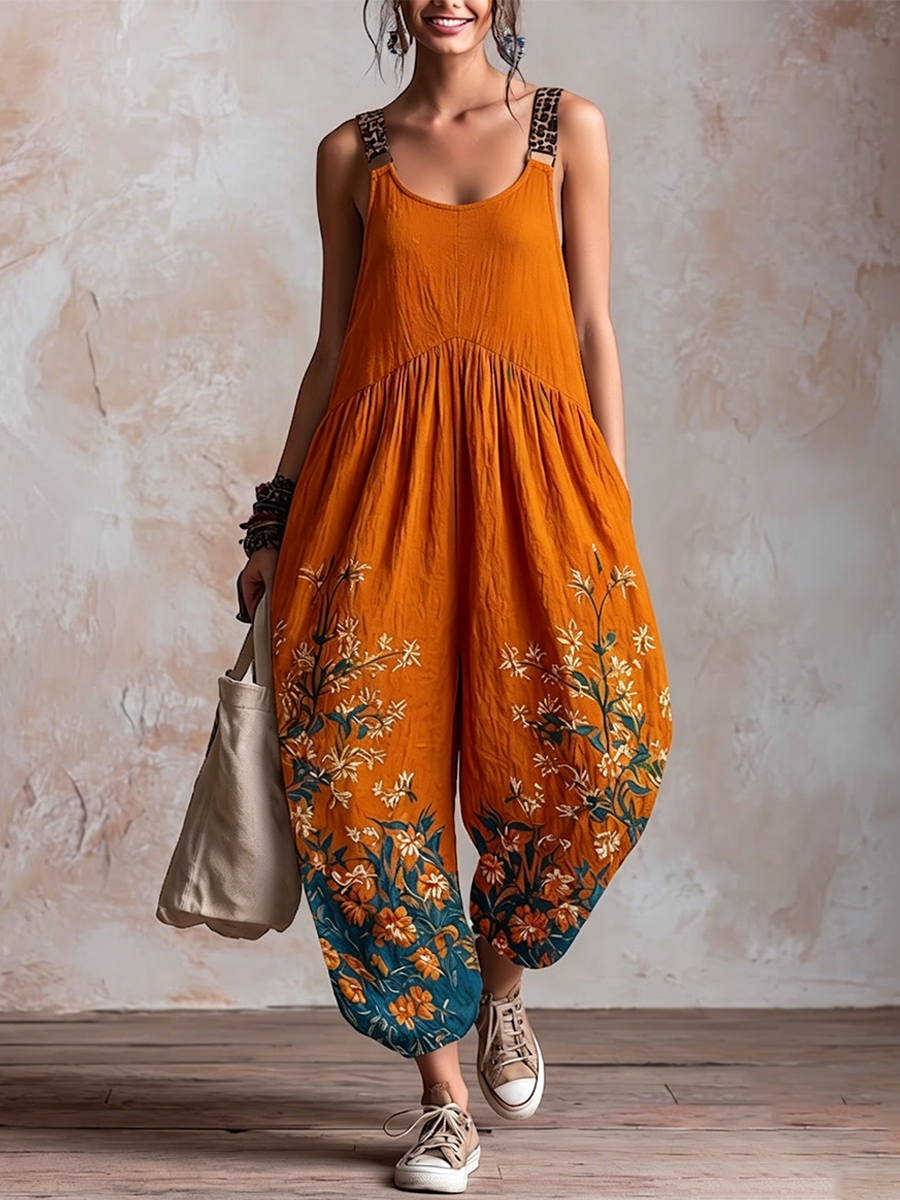 Jumpsuit mit Leopardenmuster, breiten Trägern, Blumenmuster und lockerem Laternenstil