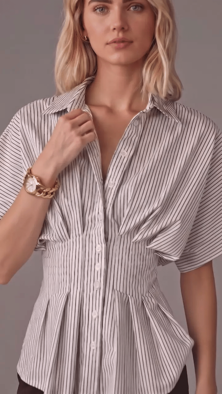 Top da donna casual versatile a righe con vita plissettata e effetto snellente