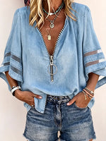 Blusa in stile denim con scollo a V e zip frontale chic