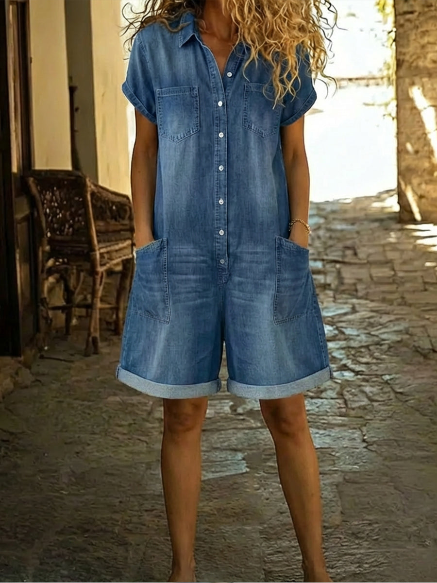 Tuta corta casual da donna in denim di cotone
