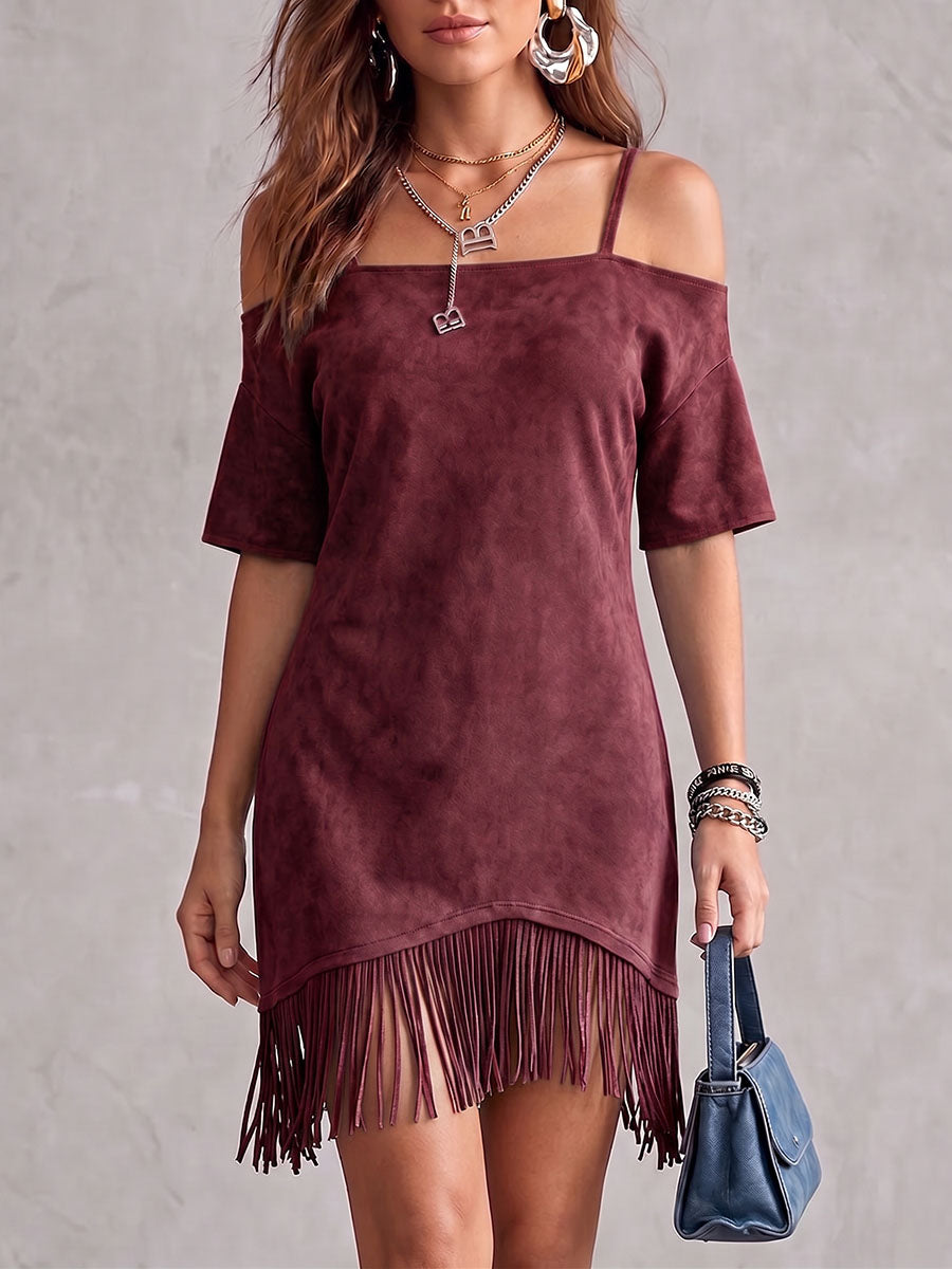 Vestito casual da donna in camoscio, tinta unita, maniche corte, ampio, con nappine