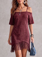 Vestito casual da donna in camoscio, tinta unita, maniche corte, ampio, con nappine