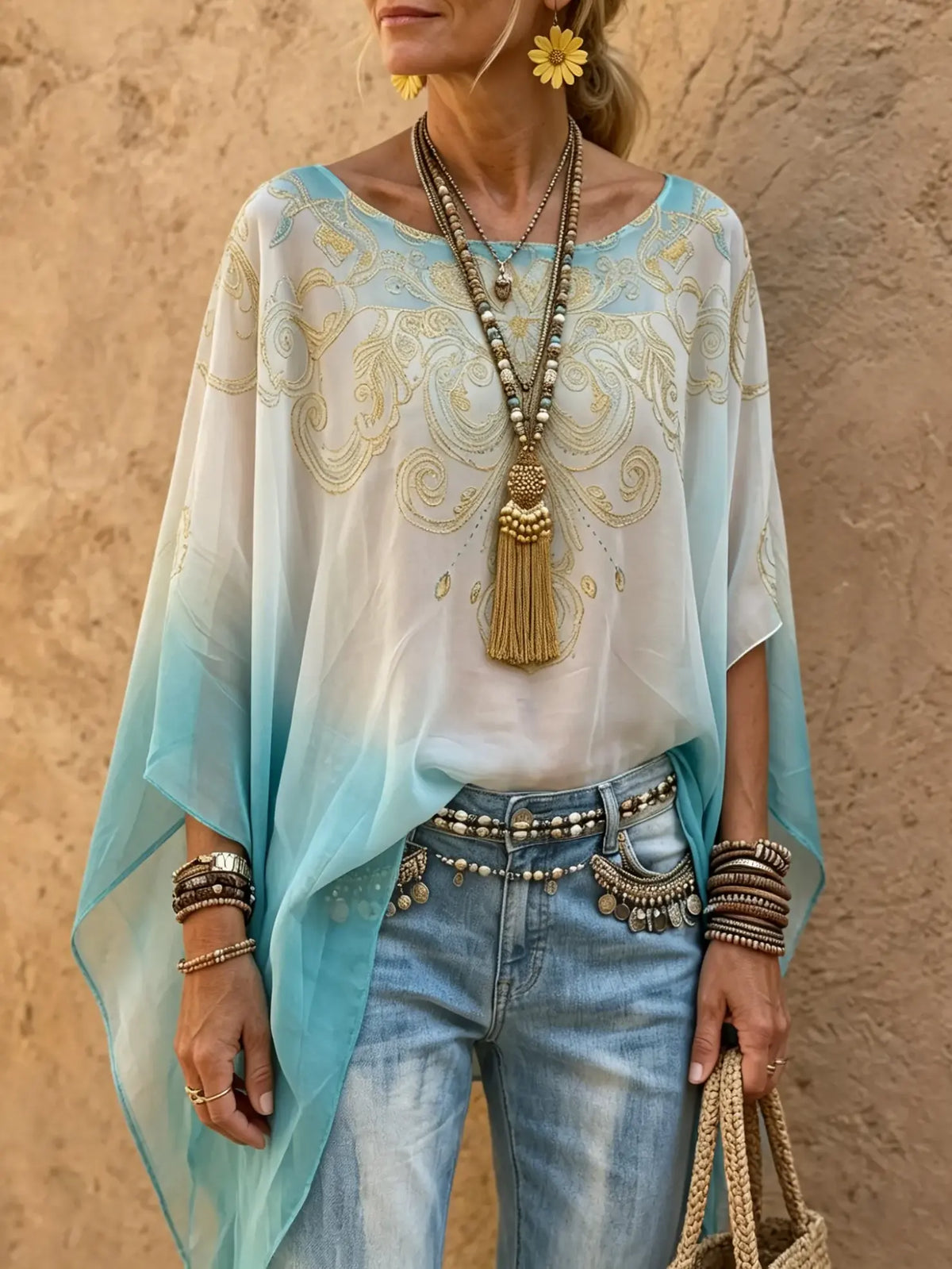 Blusa transparente bohemia con mangas de murciélago y efecto degradado para mujer