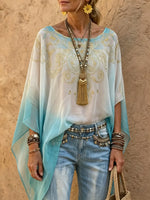 Blusa transparente bohemia con mangas de murciélago y efecto degradado para mujer