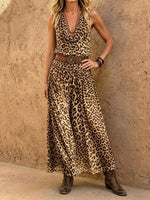 Robe maxi sans manches à col bénitier léopard pour femme