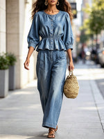 Rüschiger Rundhals-Button-Art Freizeit-Top und Hose Denim Zweiteiler Set