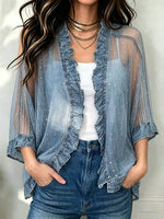 Damen Jeans Rüschen Mesh Cardigan