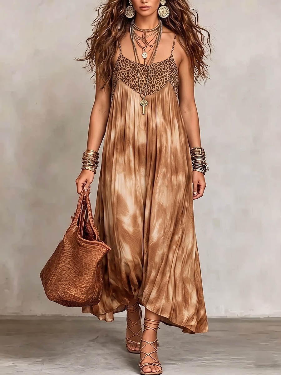 Damen lässiges, locker sitzendes Baumwoll-Leinen-Kleid mit Leoparden- und Batikdruck-Einsätzen
