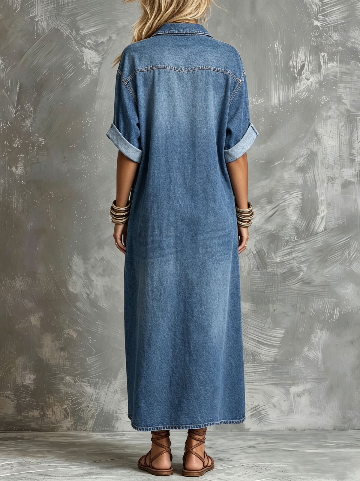 Damen Oversized Jeans-Maxi-Kleid mit langen Ärmeln, Umschlagmanschetten und Taschen