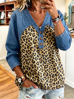 Schickes Denim- und Leopardenmuster-Colorblock-V-Ausschnitt-Oberteil