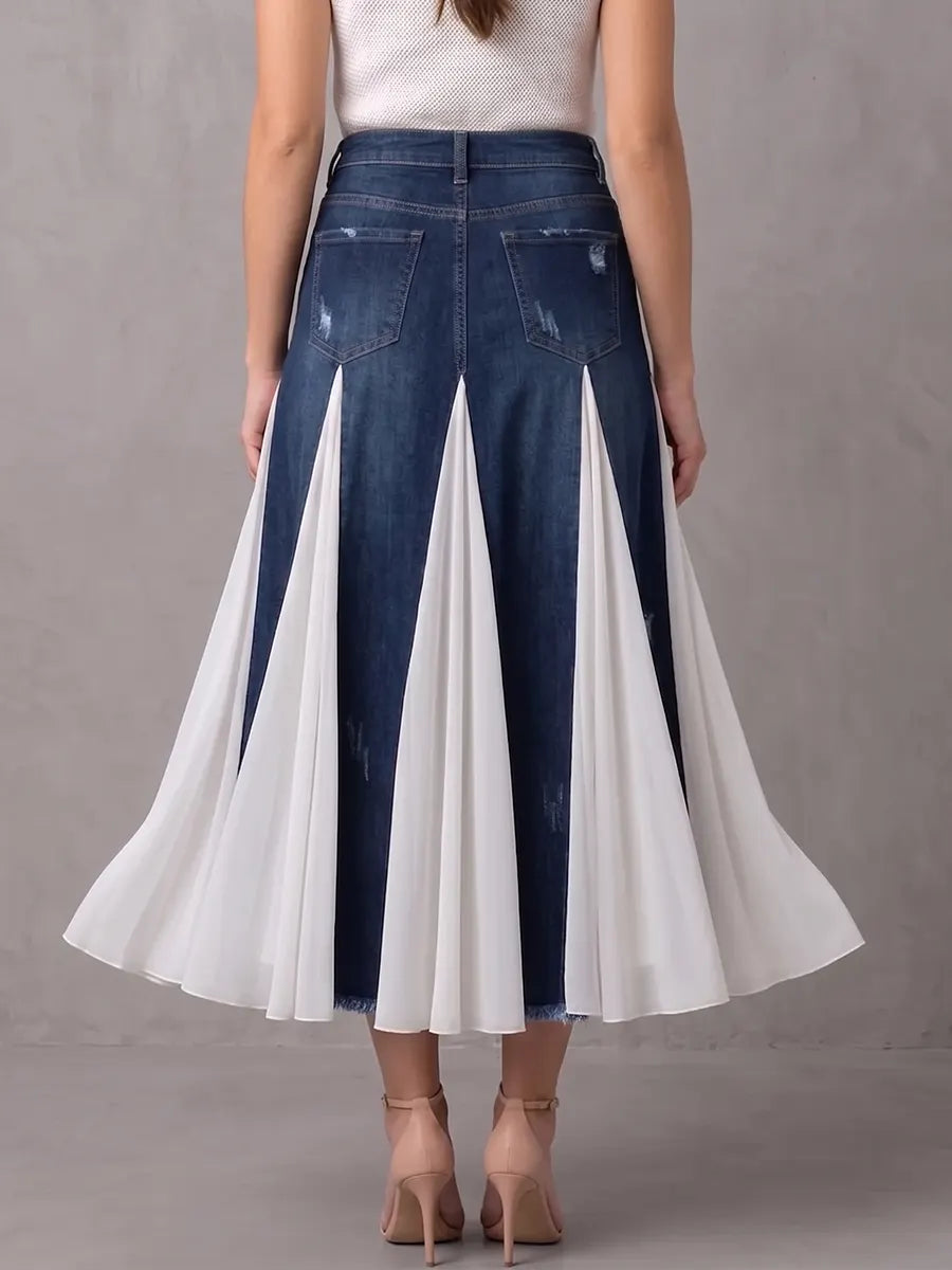 Gonna midi contemporanea con pannelli in denim e chiffon